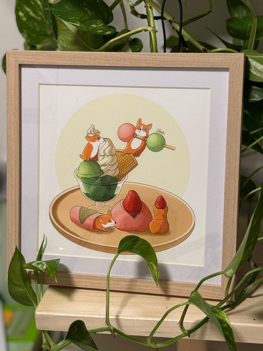 🍡 Corgi Japanese Sweets Art Print – 8" x 8"