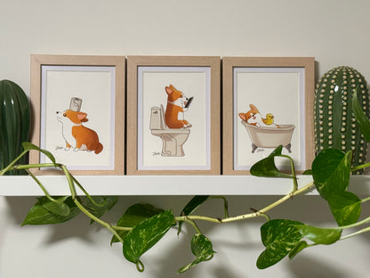 🛁 Corgi Bathroom Art Print Set (Set of 3) – 4" x 6"