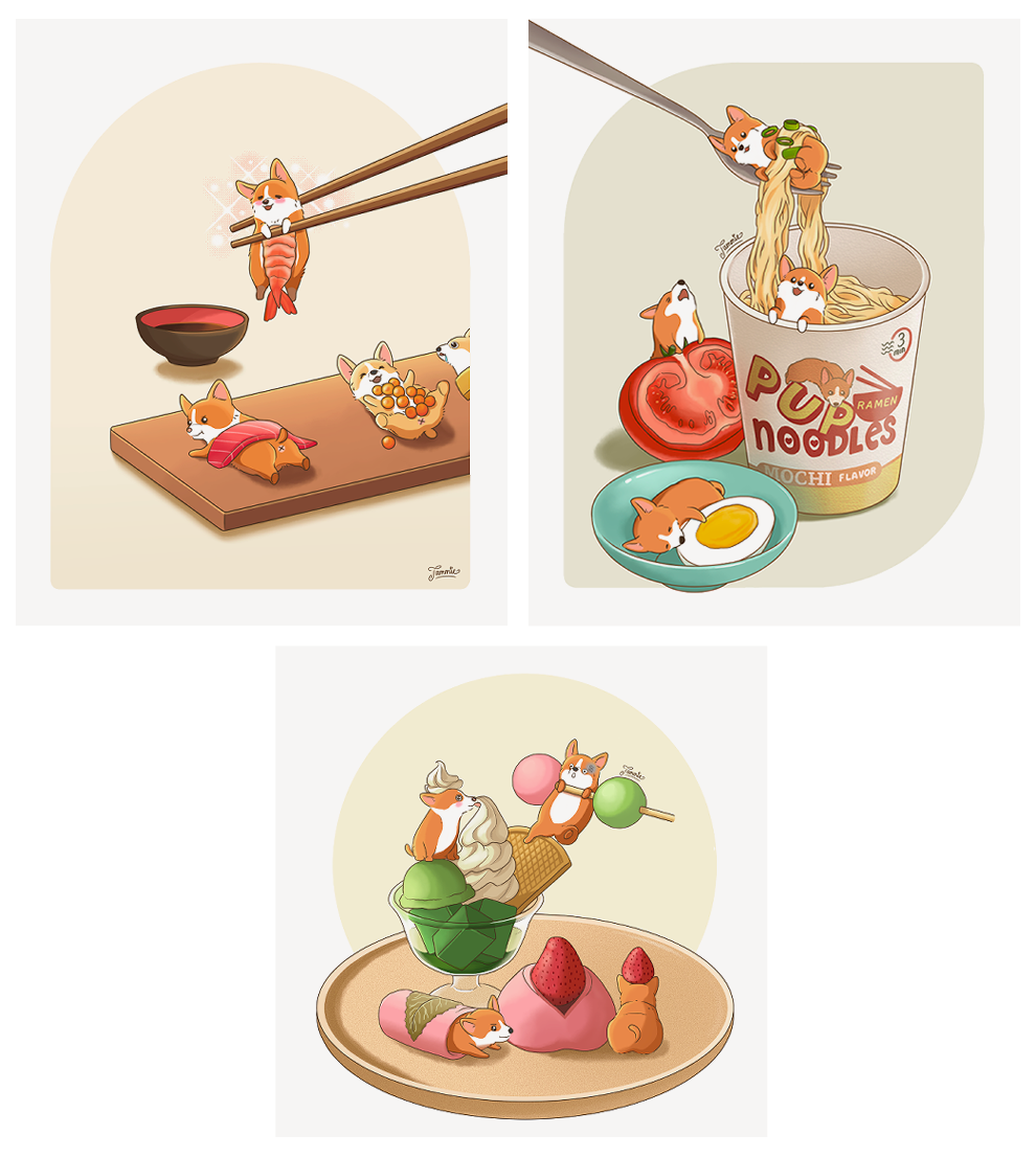 🍜🍣🍡  Corgi Food Art Print Set (Set of 3)